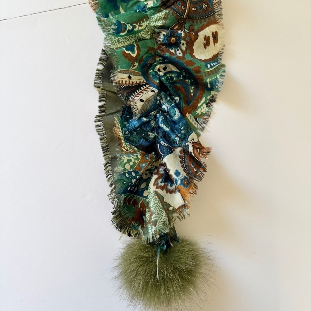 Scarf Ruffle Printed Solid Rabbit Fur Pom-Pom Green Made in France Art to Wear - Picture 7 of 12